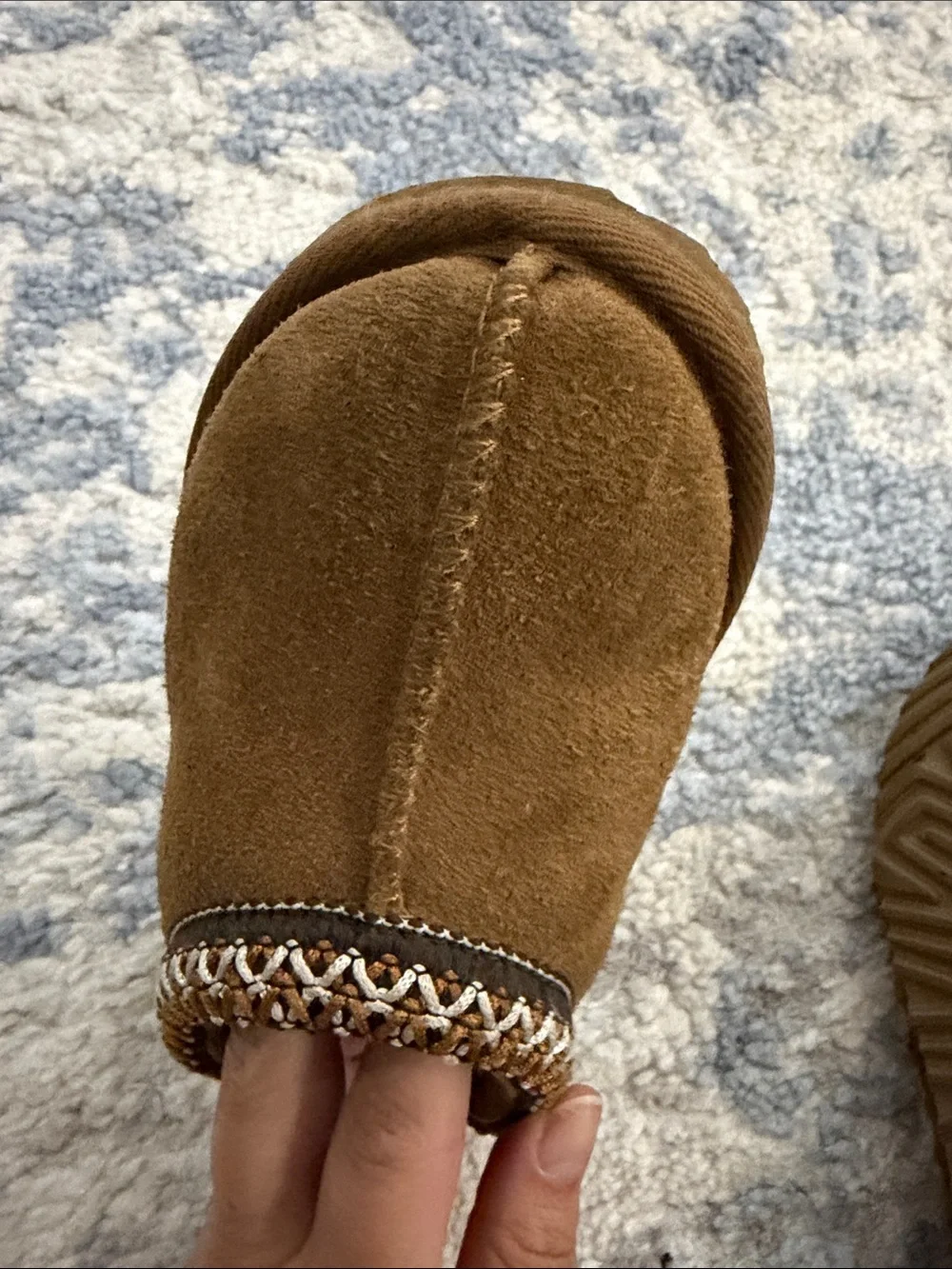 UGG toddler’s Chestnut Brown Faux-Suede Slip-On Slippers with Braided Trim